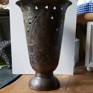 Rich Brown Scalloped Accent Vase with Intricate Patterns